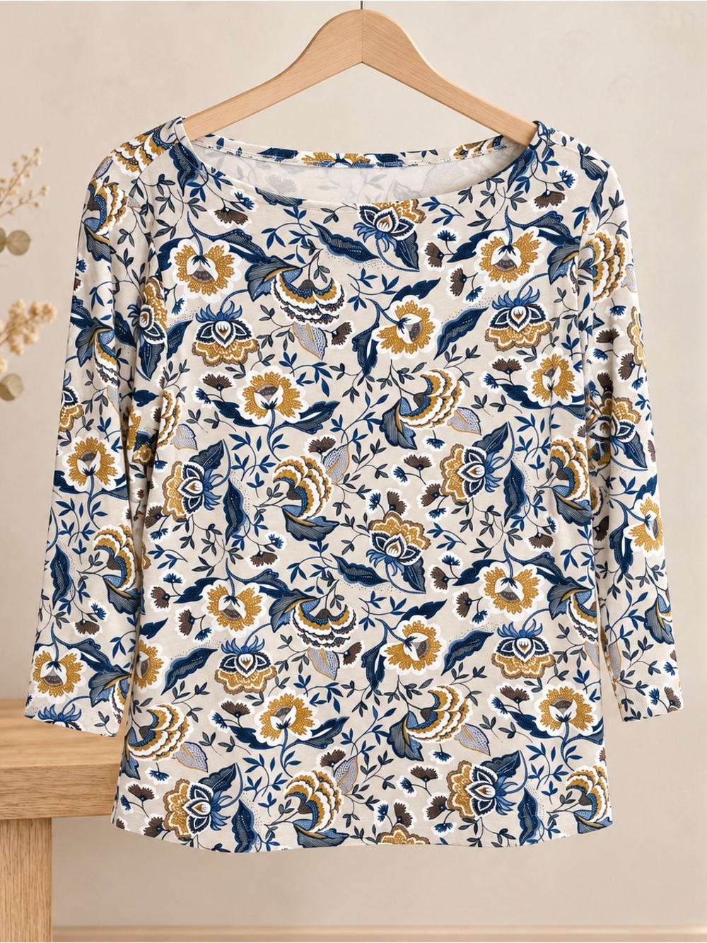 Ann Taylor Factory Floral Boat Neck 3/4 Sleeve Top Ivory Blue Medium